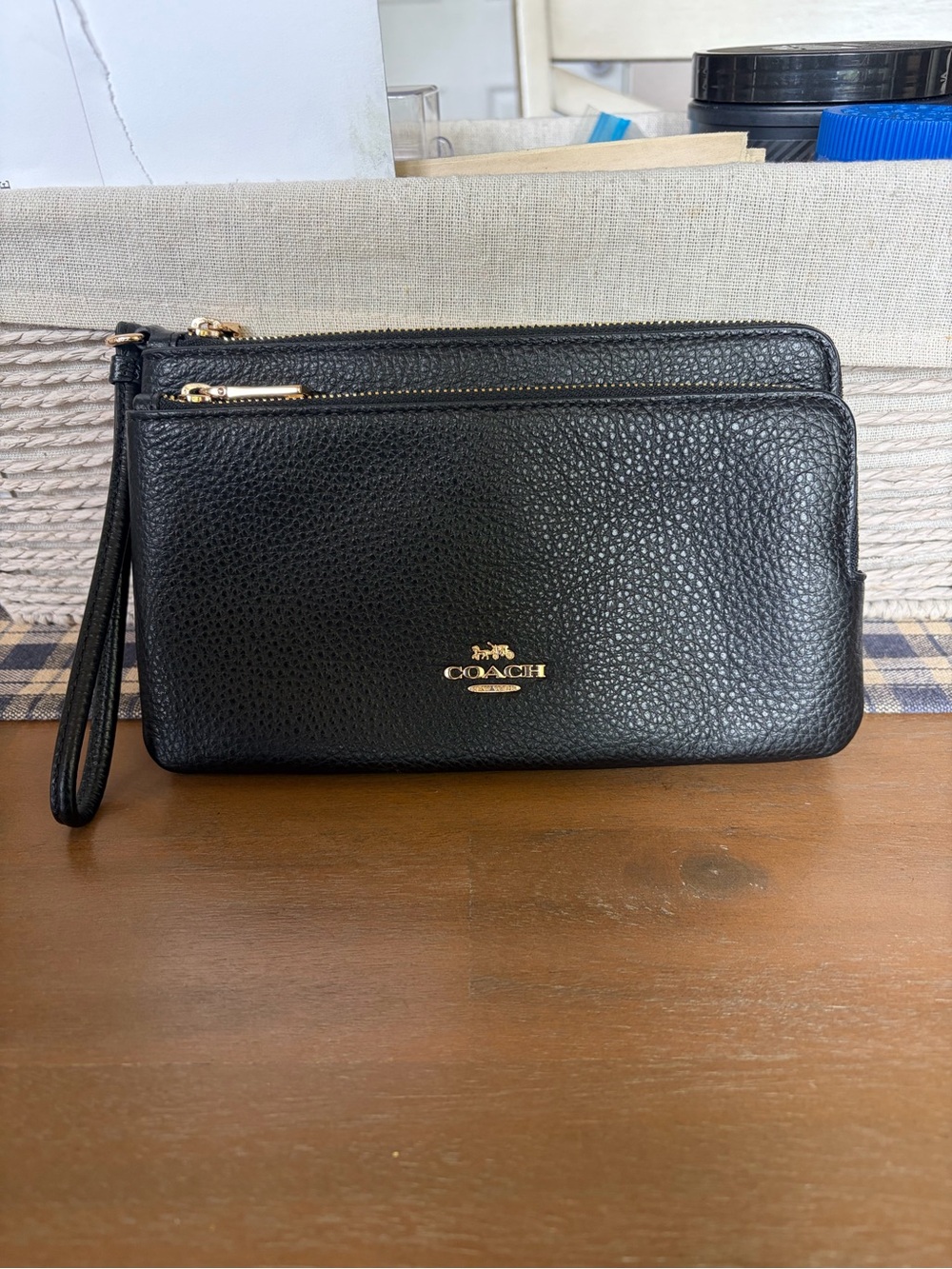 Coach Black Pebbled Leather Double Zip Wristlet with Gold Hardware